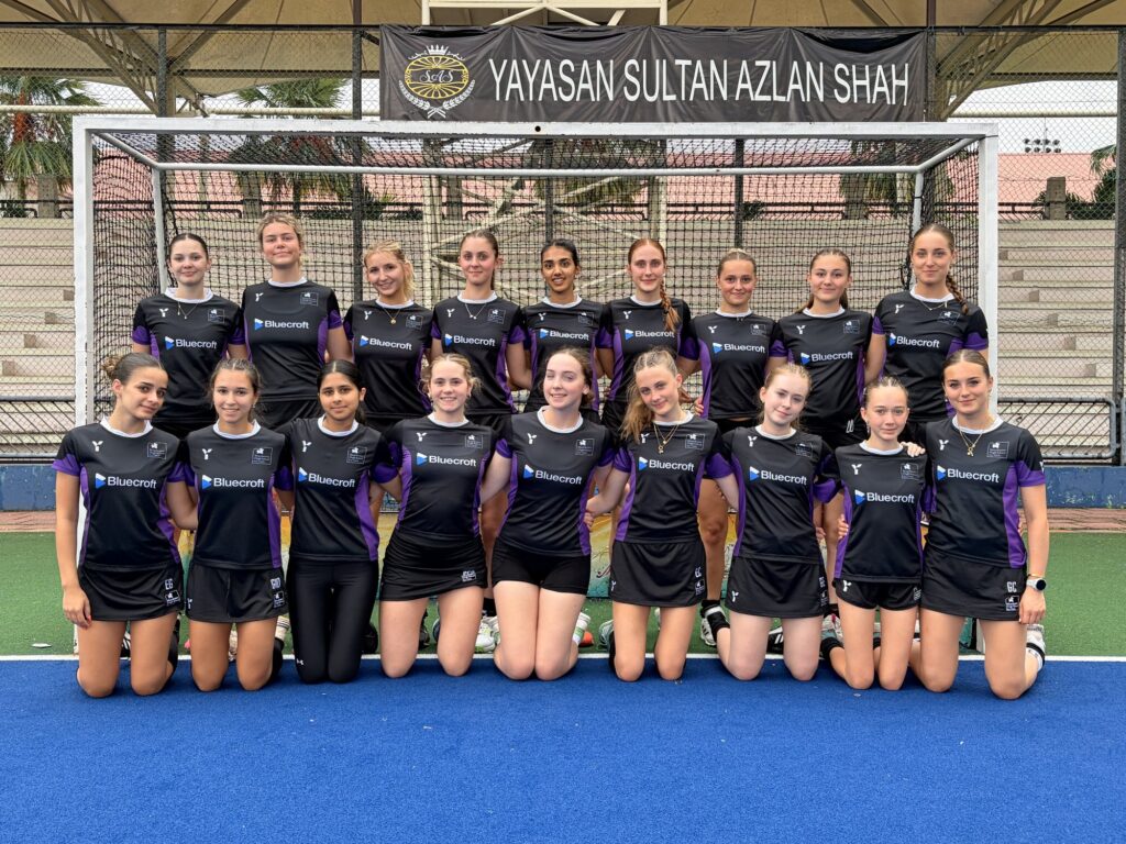 Manchester High School for Girls hockey and netball teams in Bluecroft-sponsored kit ahead of their Malaysia tour