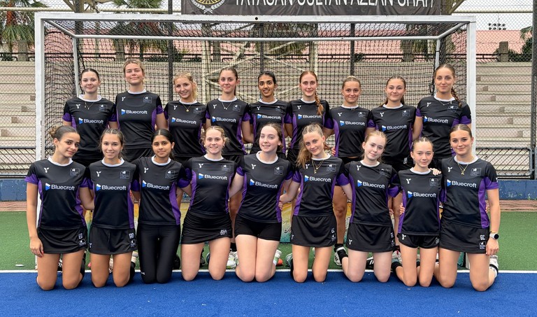 Manchester High School for Girls hockey and netball teams in Bluecroft-sponsored kit ahead of their Malaysia tour